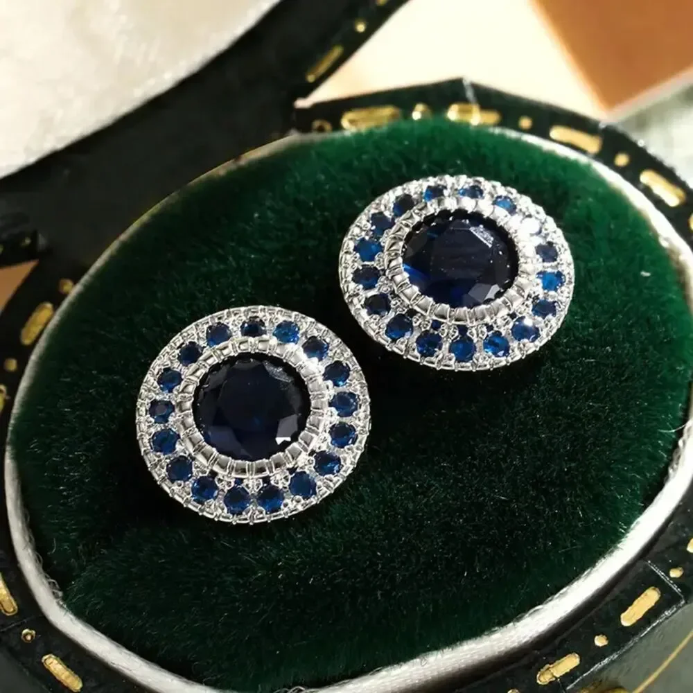 Round Multi Blue Zirconia Crystal Stud Earrings Silver Post Gemstone Elegant New